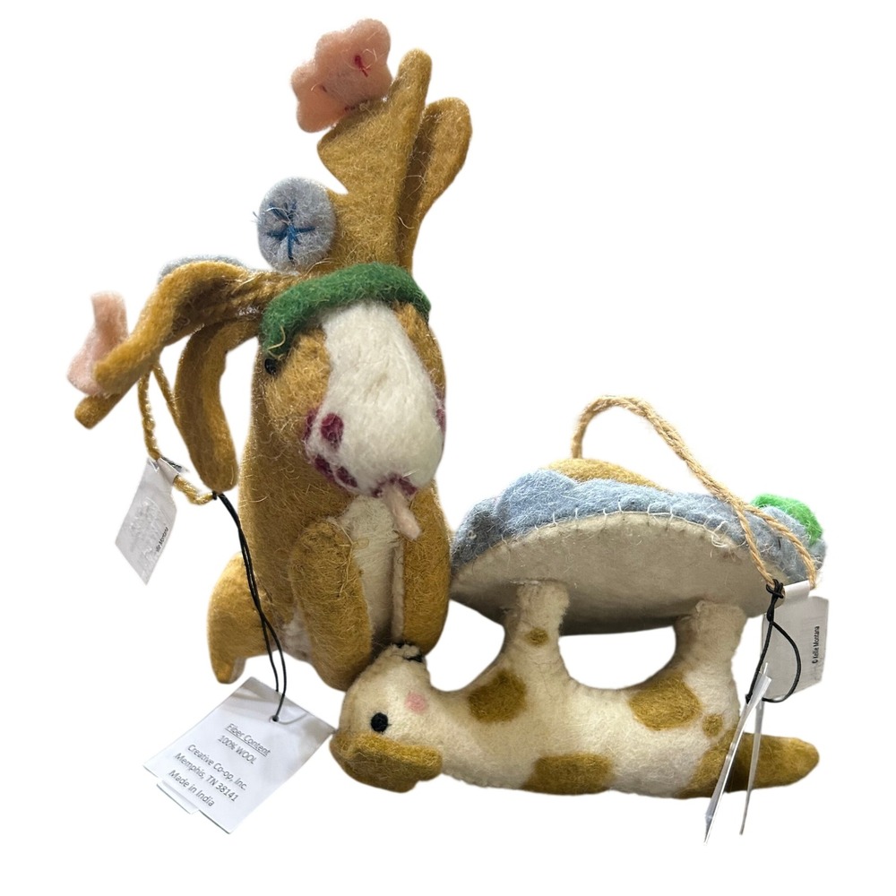 Creative Co-op Felt Wool Animal Ornaments Set/2 Tan Reindeer Dog Kellie Montana